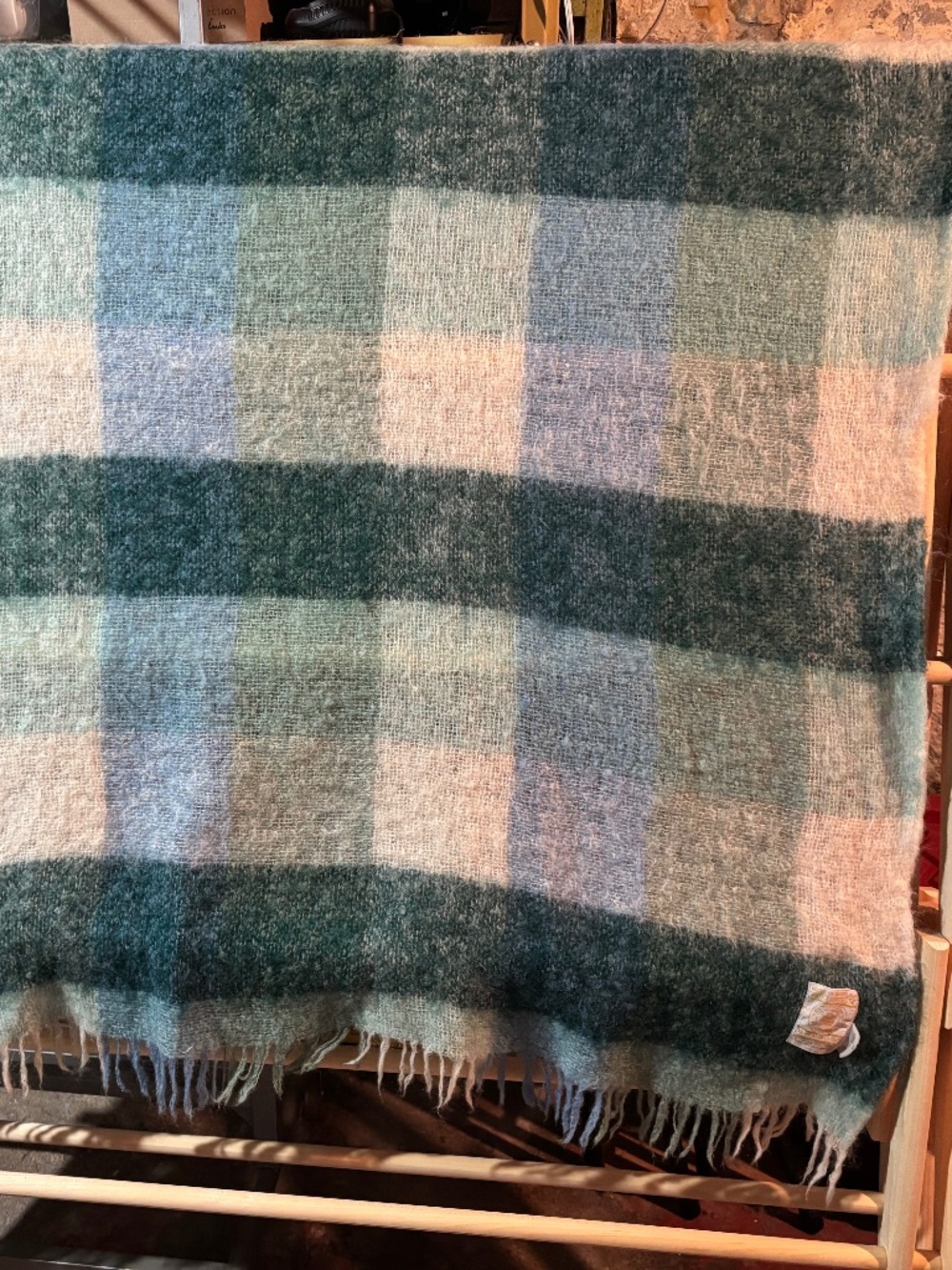 Vintage Hudson's Bay Co. Green Wool & Mohair Wool Throw with Fringe